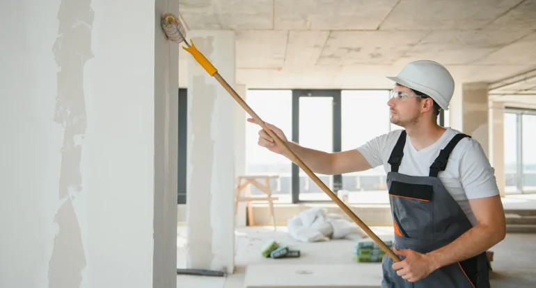 Trabajador de la construcción pintando una pared interior con rodillo en un edificio en construcción, usando casco y gafas de protección.